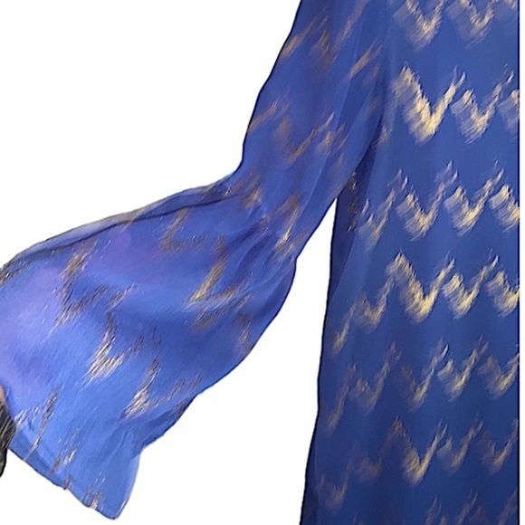 Chiffon Shift Dress Shirt Dress Large V Neck Long Bell Sleeve Blue Gold Rock 47 - Picture 2 of 7